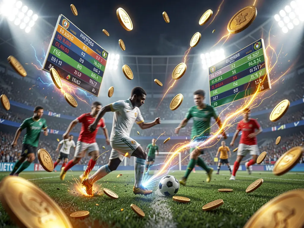 Live football betting scene at a soccer stadium with bright lights and blurred players in action, featuring floating odds panels, coins, and dynamic energy effects, showcasing 520BD1's premium cinematic render