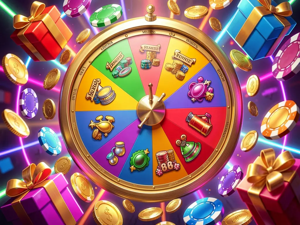 520BD1 casino bonus wheel with colorful prize sections surrounded by golden coins, chips, and gift boxes under bright neon casino lights in a dynamic composition