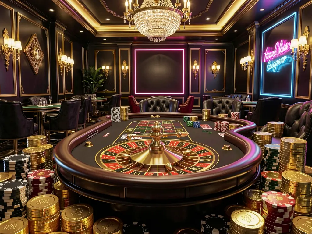 Luxury casino hall with roulette table, poker chips, and golden coins illuminated by glowing neon lights in a premium black and gold atmosphere, showcasing 520BD1's online casino experience
