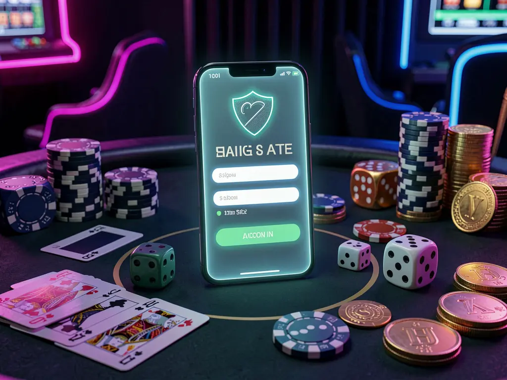 520BD1 casino account sign in scene with a glowing smartphone on a casino table surrounded by cards, chips, dice, and gold coins against an elegant dark background with neon highlights