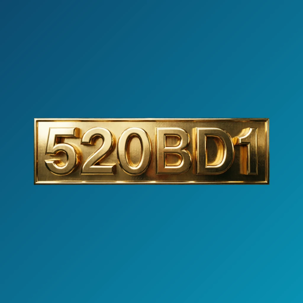3D metallic glossy gold logo of 520BD1 with dramatic lighting, premium casino branding on a transparent background, designed as a horizontal rectangular wordmark for website header